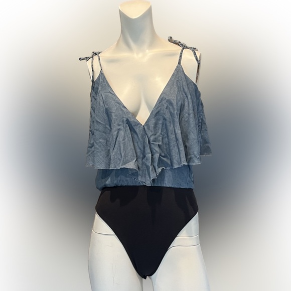 NWT ZARA Blue Denim Ruffled Chambray Camisole Spaghetti Strap Bodysuit Small - Picture 2 of 15